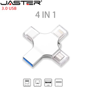 Jaster USB แฟลชไดรฟ์3.0สำหรับ iPhone iPad Android PEN DRIVE 4 in 1 Memory Stick Type-C pendrive OTG 16GB 32GB 64GB 128GB 256GB