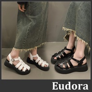 [Eudora] Fishbone Sandals Woven Retro Style Roman Baotou Hollow Martin Thick-Soled Heightening Shoes