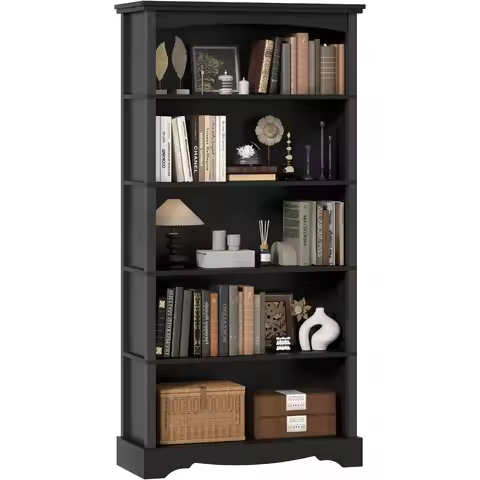 5-Tier Wooden Bookshelf 31.5Wx65Hx9.9D Floor Standing Storage Display Bookcase Black