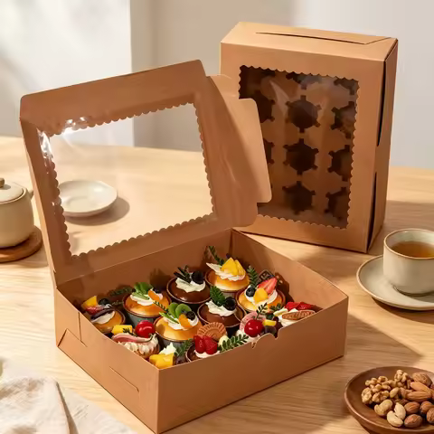 12 Cavity Kraft Paper Cupcake Box with Clear Window, Brown Muffin Holder Box for Birthday Wedding Ba