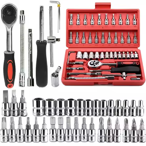 46 Pcs 1/4” Drive Socket Ratchet Wrench Set with Storage Case, Includes Metric Bit Socket Set and Ex