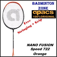 (Siap Pasang Tali 4 knot + Foc Grip) Apacs Nano Fusion Speed 722 (Blk Org)(6UG2) Original Badminton Racket