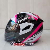 SPESIAL SALE Helm GM Fighter Original Motif Triple 3 Putih Pink / White Pink Half Face SNI Aksesoris
