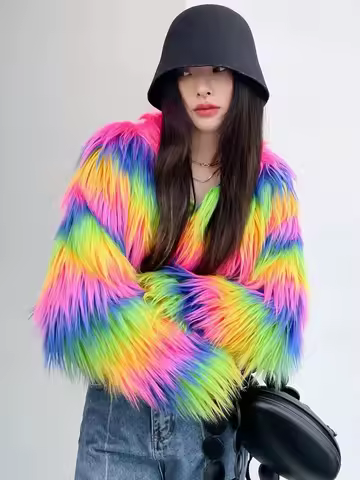 ZADORIN Fashion Colorful Rainbow Hairy Faux Fur Coat Women Crop Top 2024 Autumn Winter Fluffy Croppe