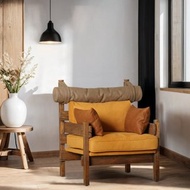 單人休閒椅 旅人極簡設計 科技皮革×老榆木扶手椅 設計師餐椅