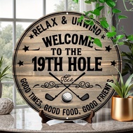 Vintage 8" Round Golf Sign 1pc "Welcome to the 19th Hole" | Door Sign for Home Bar, Garage, Man Den 