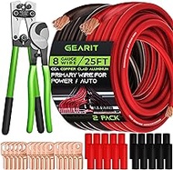 GearIT 8 Gauge CCA Ground Wire (25FT Each - Black and Red) All-in-One Kit: Crimping Tool, Cutter, 15 Lugs, and 20 Heat Shrink Wrap