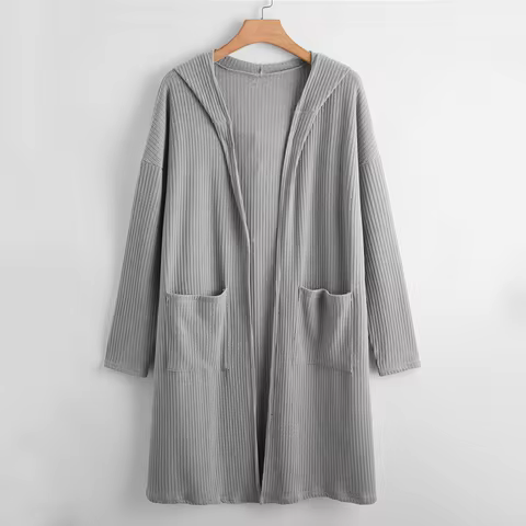 Plus Size Open Front Spring Autumn Hooded Cardigan Long Sleeve Pocket Front Ribbed Knit Loose Duster