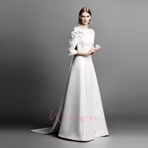 Design 3/4 sleeves Bow 3D flowers Wedding Dress O-Neck A-Line Women Party Banquet with Detachable Tr