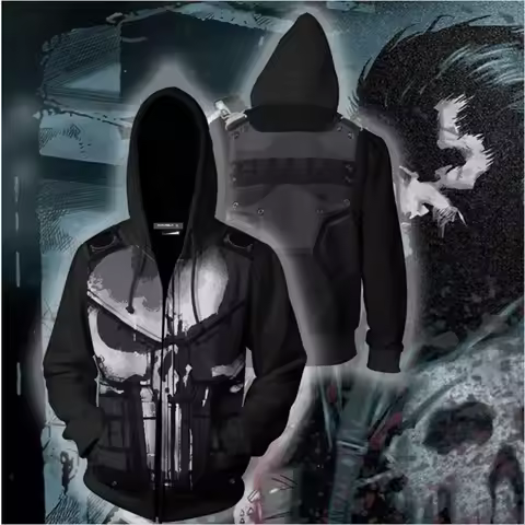 3D Printed Punisher Zip-up Hoodie, AliExpress Wholesale Source, Hooded Zip-up Sweatshirt