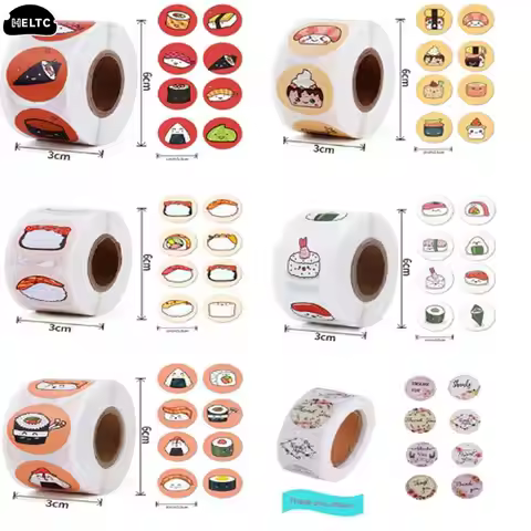 1Roll /500sheets Circular Cartoon Sushi Pattern Sticker Birthday Wedding Decor Sticker Baked Dessert