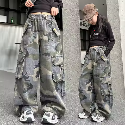 Girls Camo Cargo Trousers Kids Casual Clothes Pants Children American streetwear Camouflage Jeans Jo
