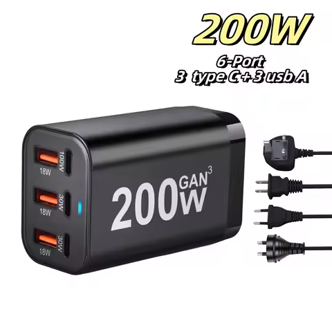 200W GaN Charger 6-Port USB C PD Charger Quick Charge 3.0 USB Type C Quick Charger Mobile Phone USB 