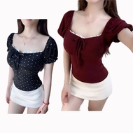 Cute and sexy TN FUNNY square neck lace T-shirt with bow tie and puff sleeves, body-hugging polka do