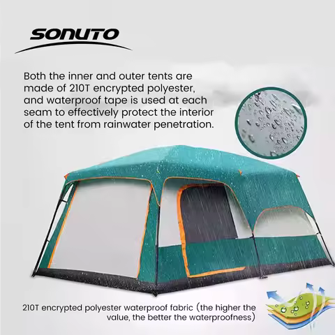 10 Person Camping Tent, Waterproof Windproof Family Tent, 2 Room 1 Living Room, Instant Setup for Ou
