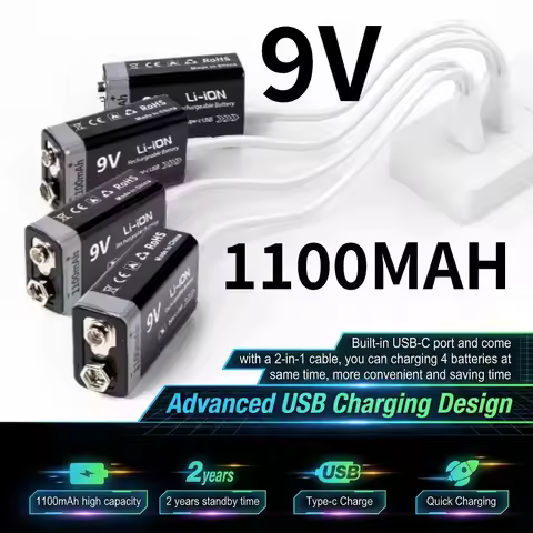 1100mAh 9V Rechargeable Lithium Battery, Li-ion 9 Volt Battery with USB-Cable for Multimeter AlarmCl