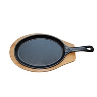 Cast Iron Single Handle Griddle with Wooden Stand, Cast Iron Flat Pan, Oval Shape Griddle, Fish Grid