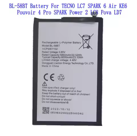 1x 6000mAh BL-58BT Battery For TECNO LC7 SPARK 6 Air KE6 Pouvoir 4 Pro SPARK Power 2 LC8 Pova LD7 Ba