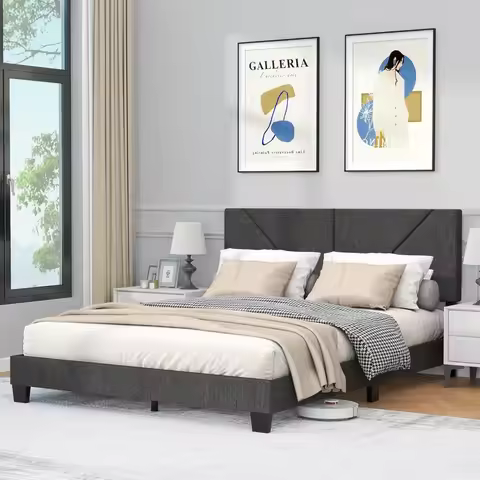 Queen Bed Frame with Headboard, Linen Upholstered Platform Double Bed Frame with Wood Slats Support,