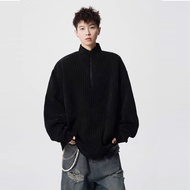 Kaos Rugby Pria Half Zip Hitam Simple Jaket Half Zip Outer Pria Rajut Pria Sweater Half Zip Berkerah