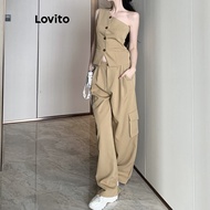 5慧Lovito ชุดเซ็ทกางเกงผู้หญิง สไตล์ลำลอง สีพื้น มีกระดุม อสมมาตร เปิดไหล่ข้างเดียว L70AD138 L70AD144