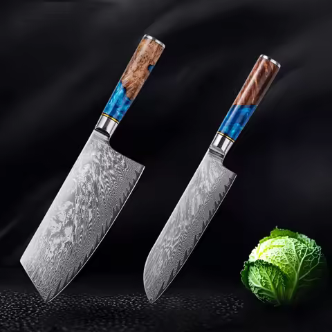Damascus Knife Set 2 Pieces Japanese Kitchen Knife with VG10 Steel Core Blue Resin Handle Super Shar