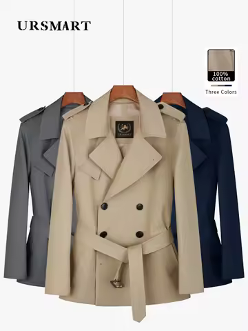 trench coat for men Cotton short style large lapel with double breasted fashionable khaki color for 