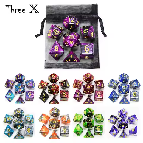 Polyhedral Dice Set with Pouch Double-Colors Gold Numbers of D4 D6 D8 D10 D% D12 D20 for DNDGame RPG