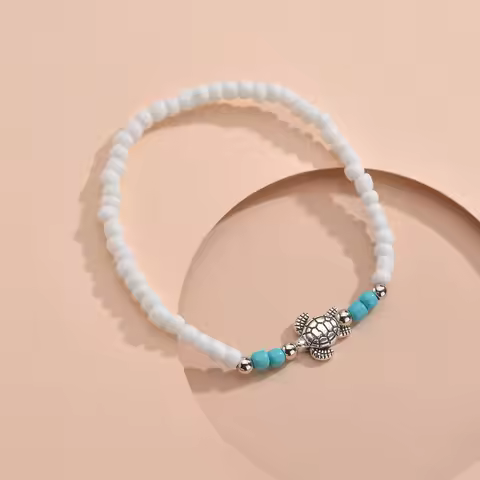 Women Rainbow Beaded Sea Turtle Anklet Elastic Adjustable Ankle Bracelet Boho Beach Summer Fashion J