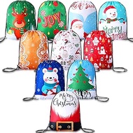 Wesnoy 10 Pcs Christmas Drawstring Gift Bags Large Present Stocking Bags Santa Goodie Backpack Party Treat Bag Xmas Gift Wrapper Bags for Decoration, 12.5 x 16 Inches (Novel Style)