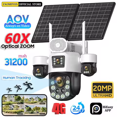 4K AOV Solar Camera 4G SIM/eSIM Outdoor 4 Lens/4-screen 24/7 Recording Security 60X Optical Zoom Hum