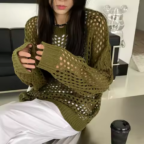 Oversized Crochet Top for Women Long Sleeve Crew Neck Casual Open-knit Sweater Pullovers Top Teen-gi