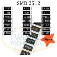 Resistor SMD 2512 7.5ohm,8.2ohm,9.1ohm,75ohm,750ohm,7.5Kohm,82ohm,820ohm,91ohm,910ohm,750Kohm,820Kohm,910Kohm 5% 10 pcs