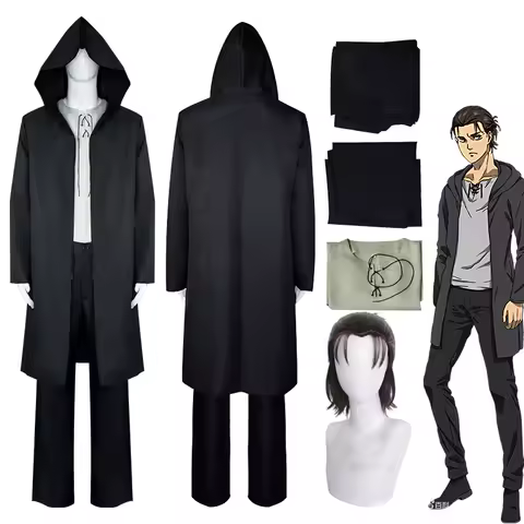 Eren Jaeger Season 4 Cosplay Costume Anime Attack on Titan Eren Cosplay Black Hooded Trench T-shirt 