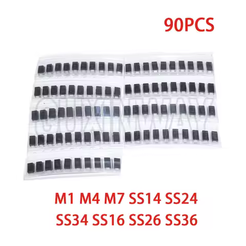 90PCS Rectifier Diode 1N4007 1N4001 1N4004 SS14 SS24 SS34 SS16 SS26 SS36 SMD Schottky Diode Assort K