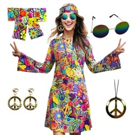 70s Women's Happie Costume Retro Print Flared Sleeve Dress with Headband Glasses Earrings Necklace Disco Costume Masquerade Halloween Cosplay Gift