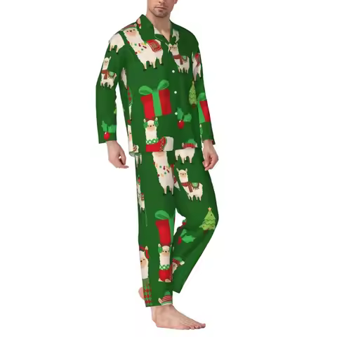 Christmas Lama Pajamas Men Funny Animal Trendy Room Sleepwear Autumn 2 Piece Loose Oversized Design 