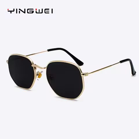 Men Sunglasses Hexagonal Sunglasses New Women Metal Frame Fishing Glasses Gold Tea Sunglasses Lentes