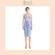 [MILIN] Front draped and cutout detail V neck sleeveless ruched printed midi dress เดรสมิดิพิมพ์ลายค