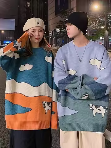 Cows Vintage Couple's Sweater Winter Women Casual Print Warm Daily Knitwear Coats Loose BF Pullover