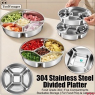Stainless Steel Divided Plate Food Grade 5 Compartment Meal Tray Cafeteria Canteen Heavy Duty