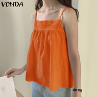 VONDA เสื้อสายเดี่ยวทรงเอไลน์ลูกไม้ประกบกันแบบลำลองสำหรับผู้หญิง (ลายดอกไม้เกาหลี)