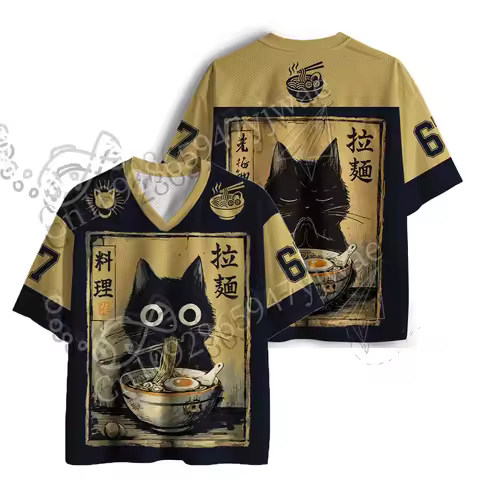 Cat Eating Lamian Noodles Japanese Retro 3d Graphic Printed Jersey V-Neck Fashionable Y2k Streetwear