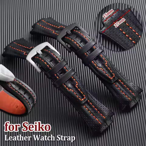 15mm*27mm Cowhide Watch Straps for Seiko Sportura SNL029P2 SNL021P1 SNA595P2 SNL017P1 Thick Watchban