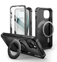 Dexnor เคสไอโฟน15เข้ากันได้กับ MagSafe [ปกป้องหน้าจอและขาตั้งในตัว] เคสกันชนที่ทนทานกันกระแทกเต็มตัว