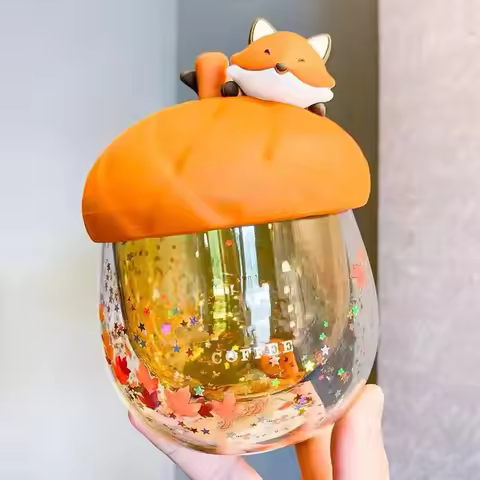 245ml New Autumn Maple Leaf Acorn Cute Fox Double Sequined Glass Coffee Cup Anti-scalding Gift Cup W
