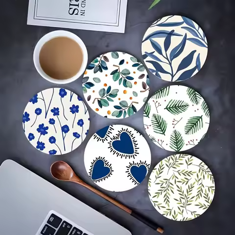 6Pcs 2D 4inch Simplicity Nature Flowers Plants Fresh style Wooden Coasters Coffee Shop Furniture Dec