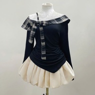 Set Big Size Women's Off-Shoulder Bow T-shirt with Secret Skirt (with protection) Young Lady - SET(A