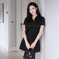 Đầm polo ngắn thun gân Khiết Style màu đen basic thanh lịch KD160B