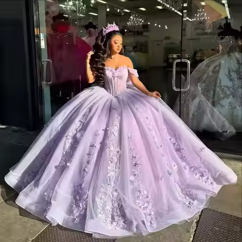 BOMARIS Lilac Princess Ball Gown Quinceanera Dresses Vestidos De 15 Anos XV 3D Flower Lace Formal Bi
